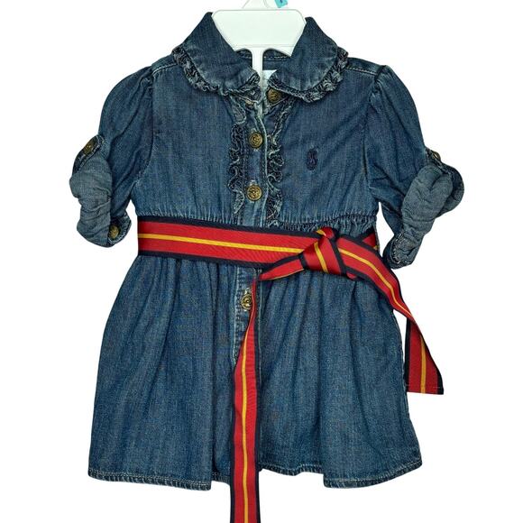 Ralph Lauren Blue Denim Belted Ruffle Baby Infant Designer Dress Size 3 Months - Picture 1 of 14